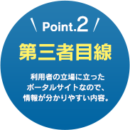 Point.2　第三者目線　利用者の立場に立ったポータルサイトなので、情報が分かりやすい内容。